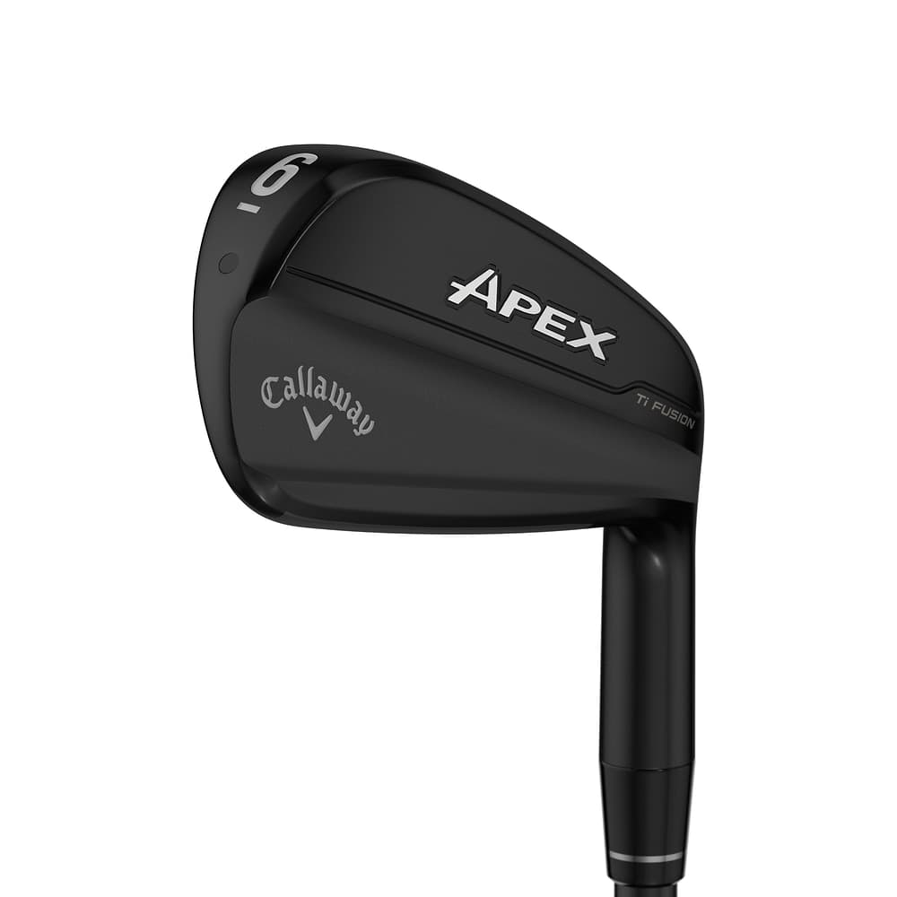 Callaway Apex Ti Fusion Irons at address, photographed on white