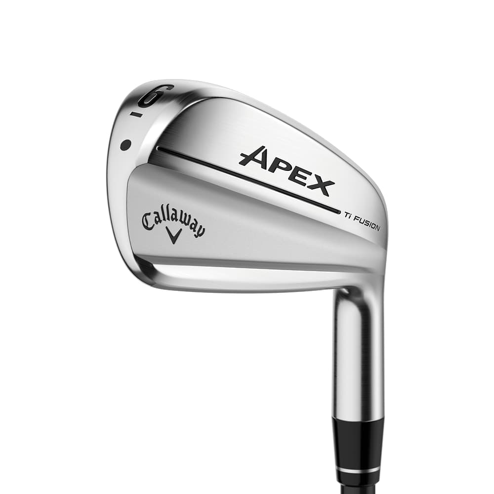 Callaway Apex Ti Fusion Plated Irons at address, photographed on white