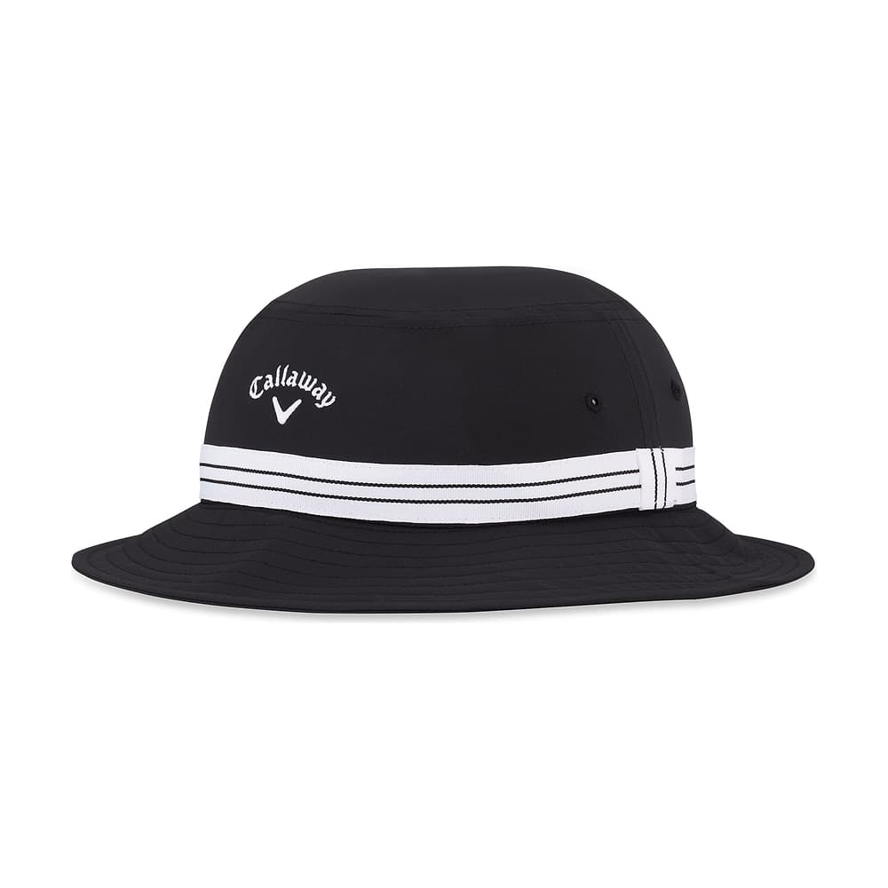 A black Callaway bucket hat, on white