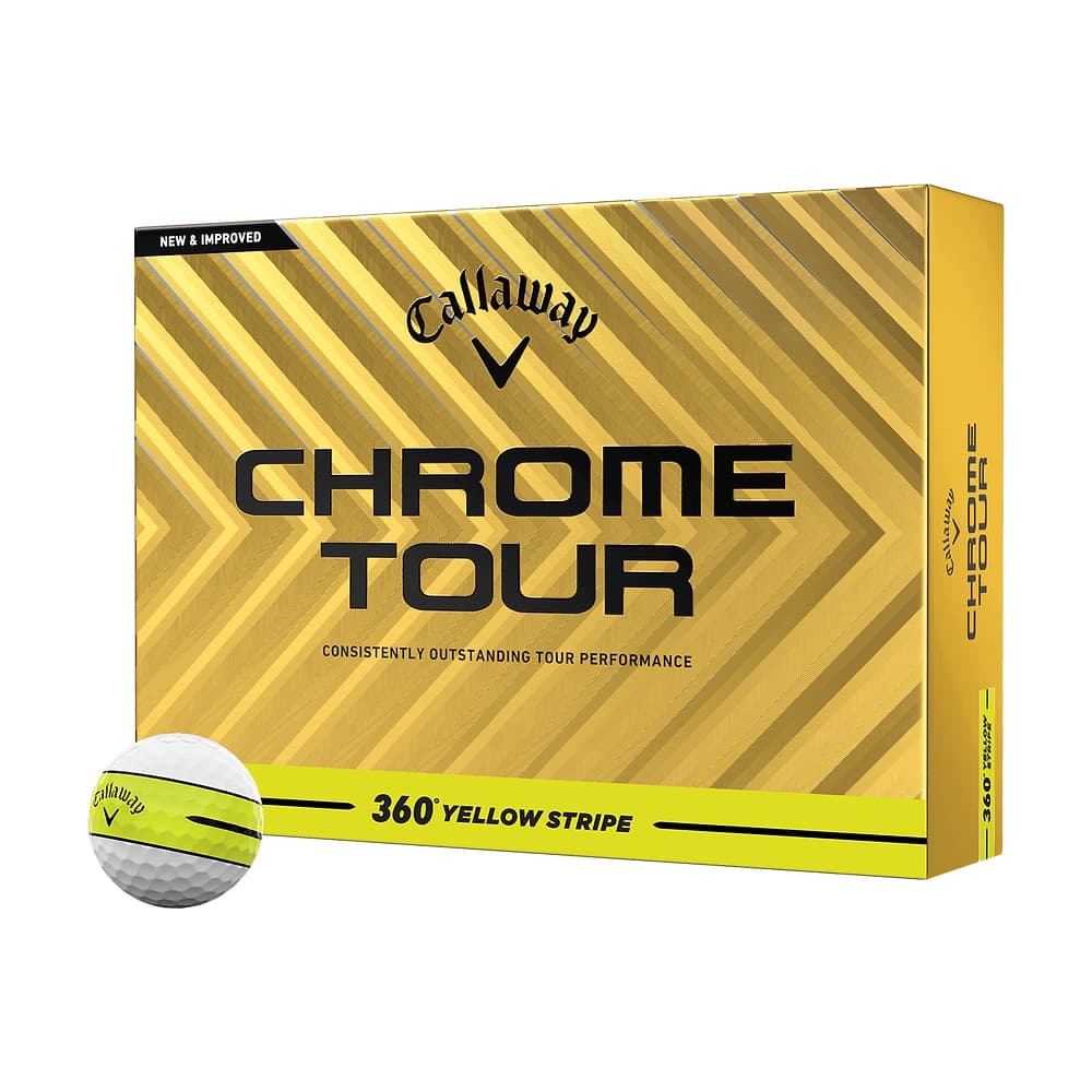 A box of a dozen Callaway Chrome Tour 360 Yellow Stripe golf balls