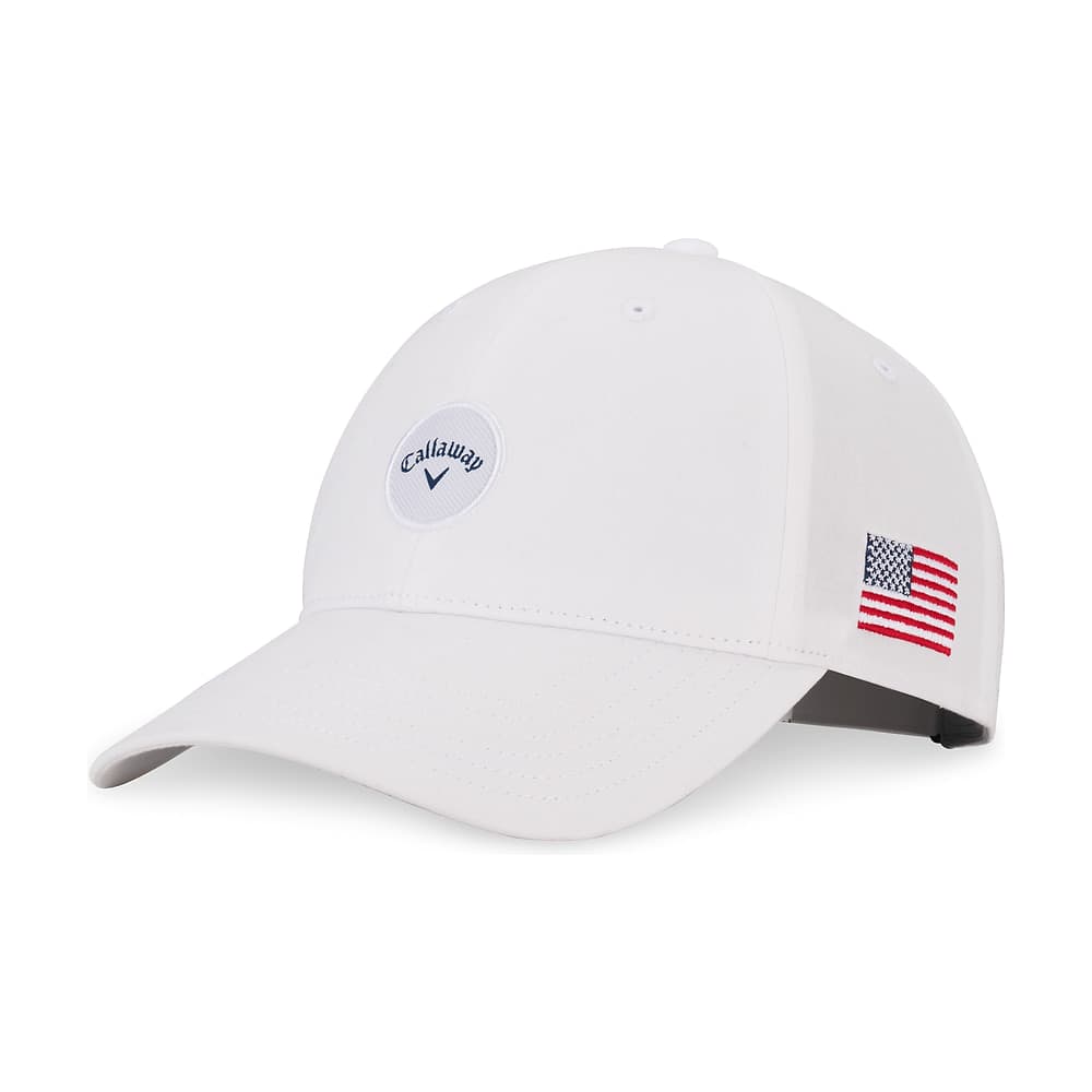 A white Callaway Heritage Twill cap with a flag patch, on white