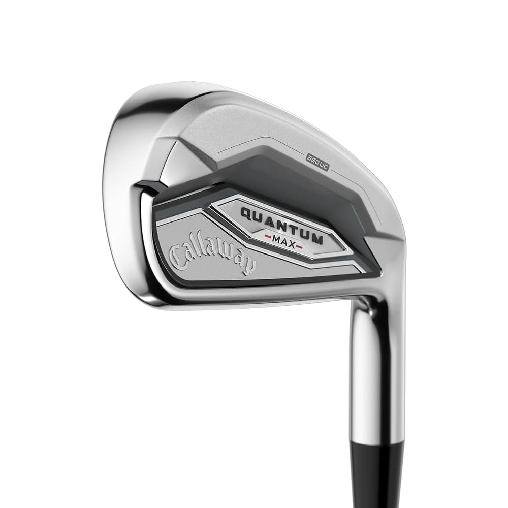 Callaway Quantum Max High Polish Irons at address, photographed on white