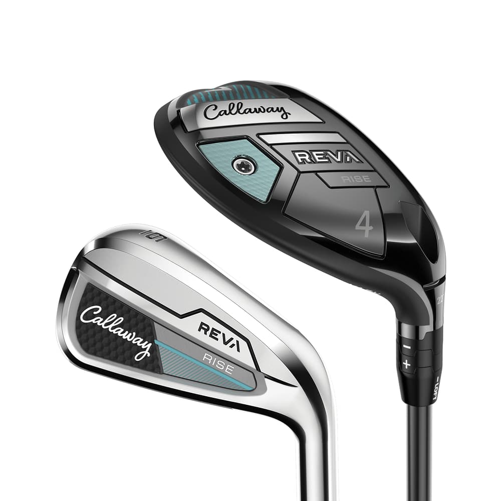 Callaway REVA RISE Hybrids/Irons Combo Set at address, photographed on white