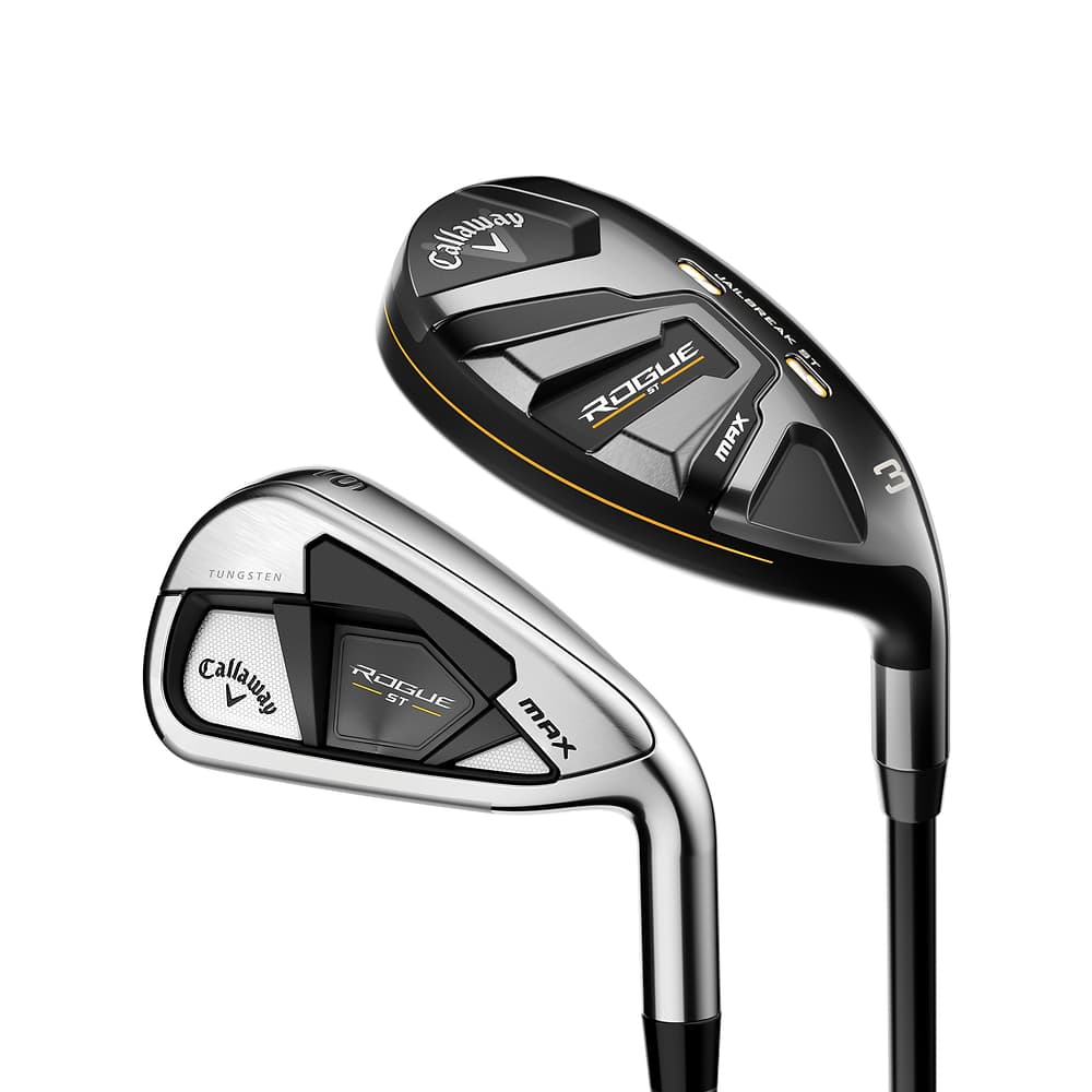 Callaway Rogue ST MAX Irons/Hybrids Set at address, photographed on white