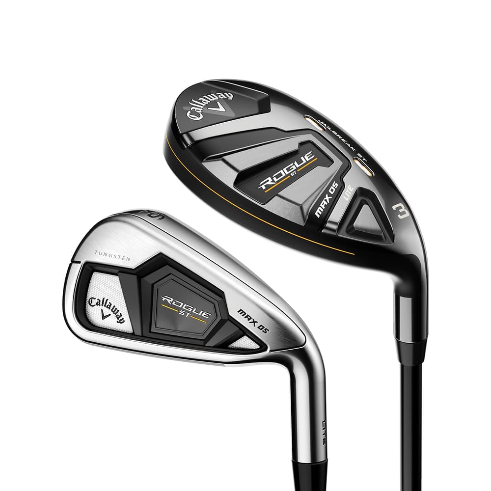 Callaway Rogue ST MAX OS Lite Irons/Hybrids Set at address, photographed on white