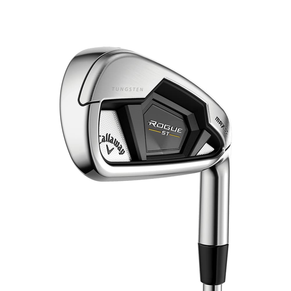 Callaway Rogue ST MAX OS Lite Irons at address, photographed on white