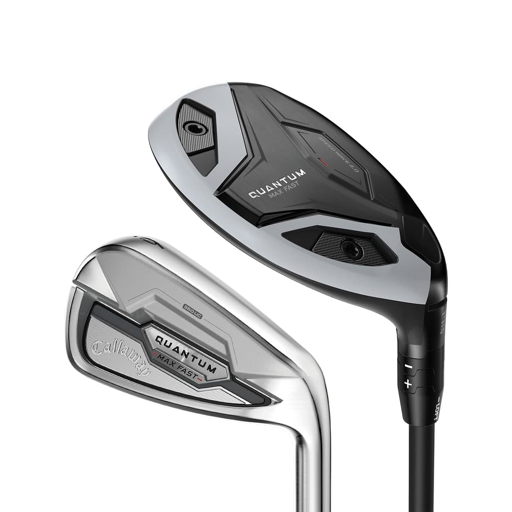 Callaway Women's Quantum Max Fast Hybrid/Iron Combo Sets at address, photographed on white