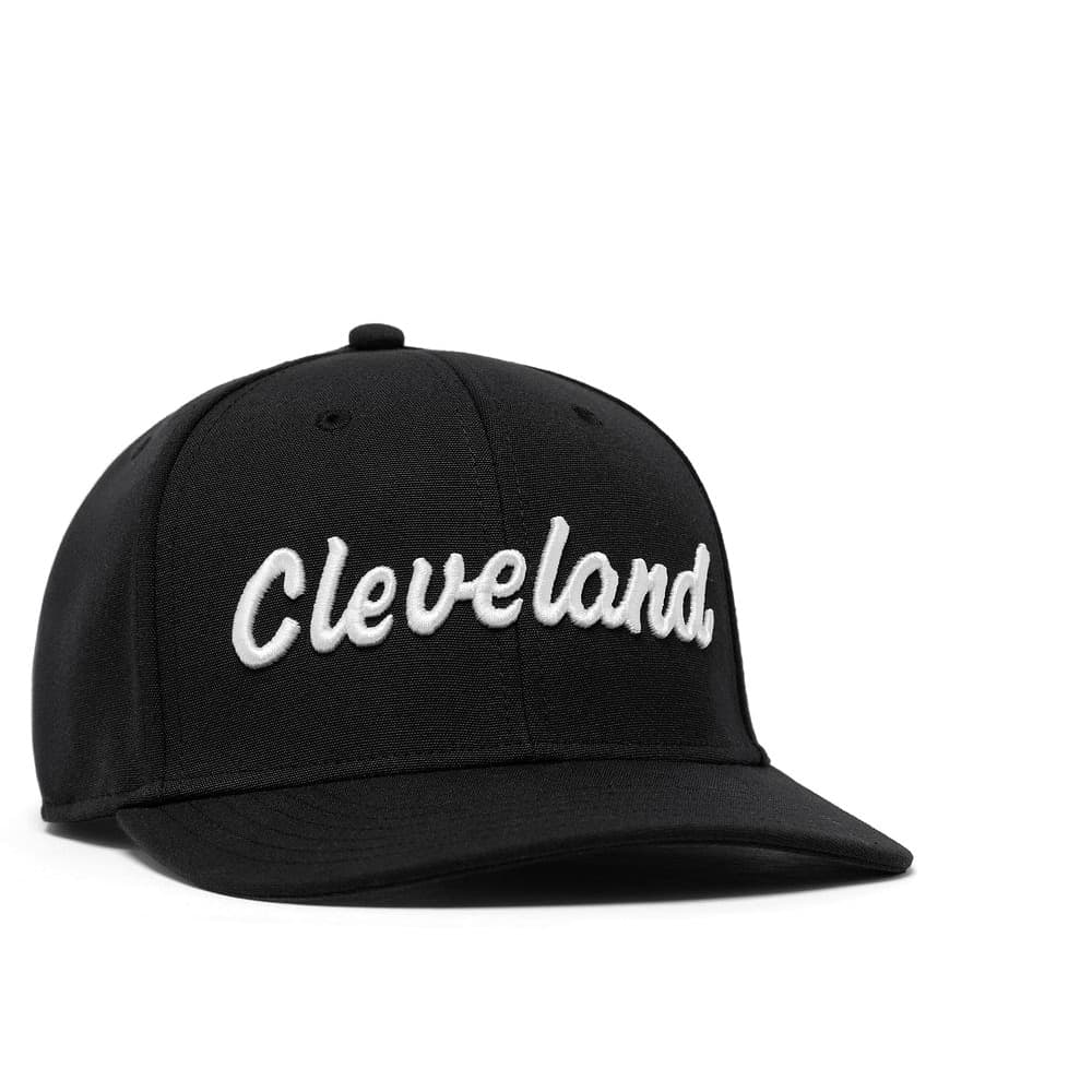 A black Cleveland Golf retro snapback cap, on white