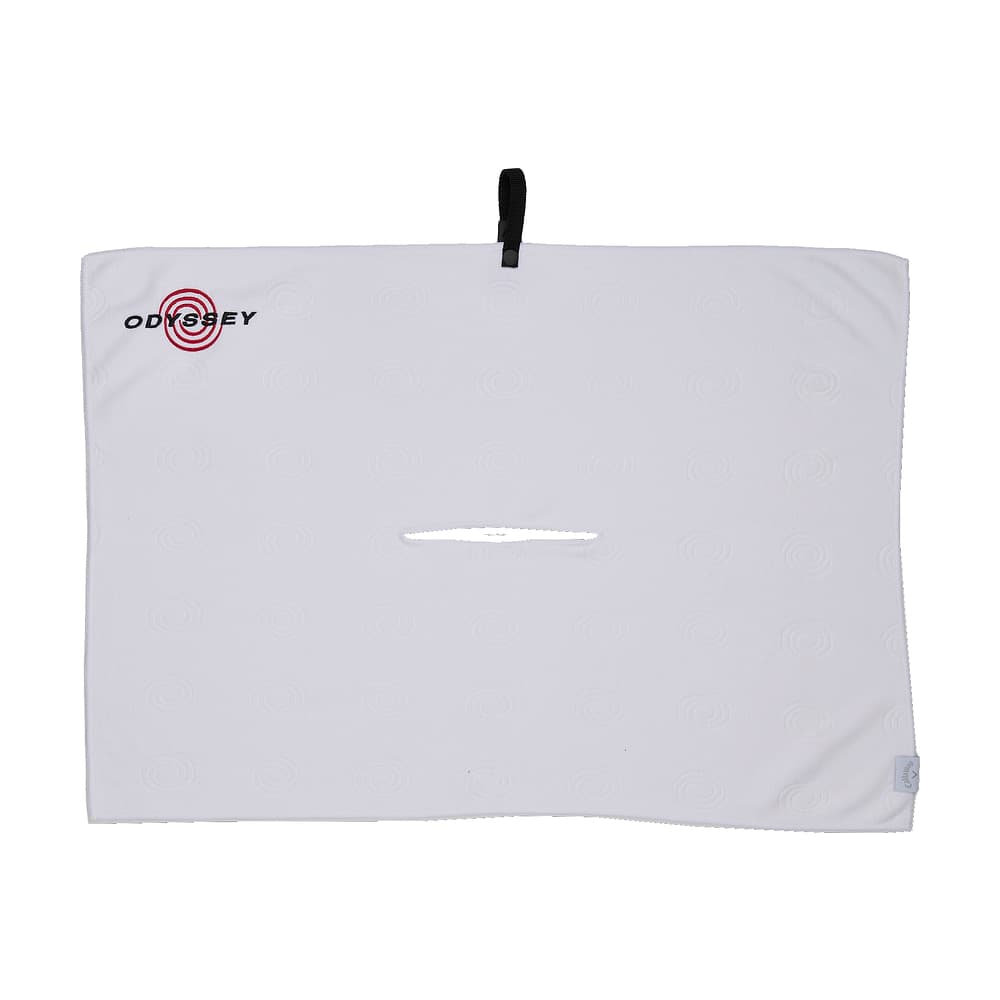 A white Odyssey microfibre golf towel, on white