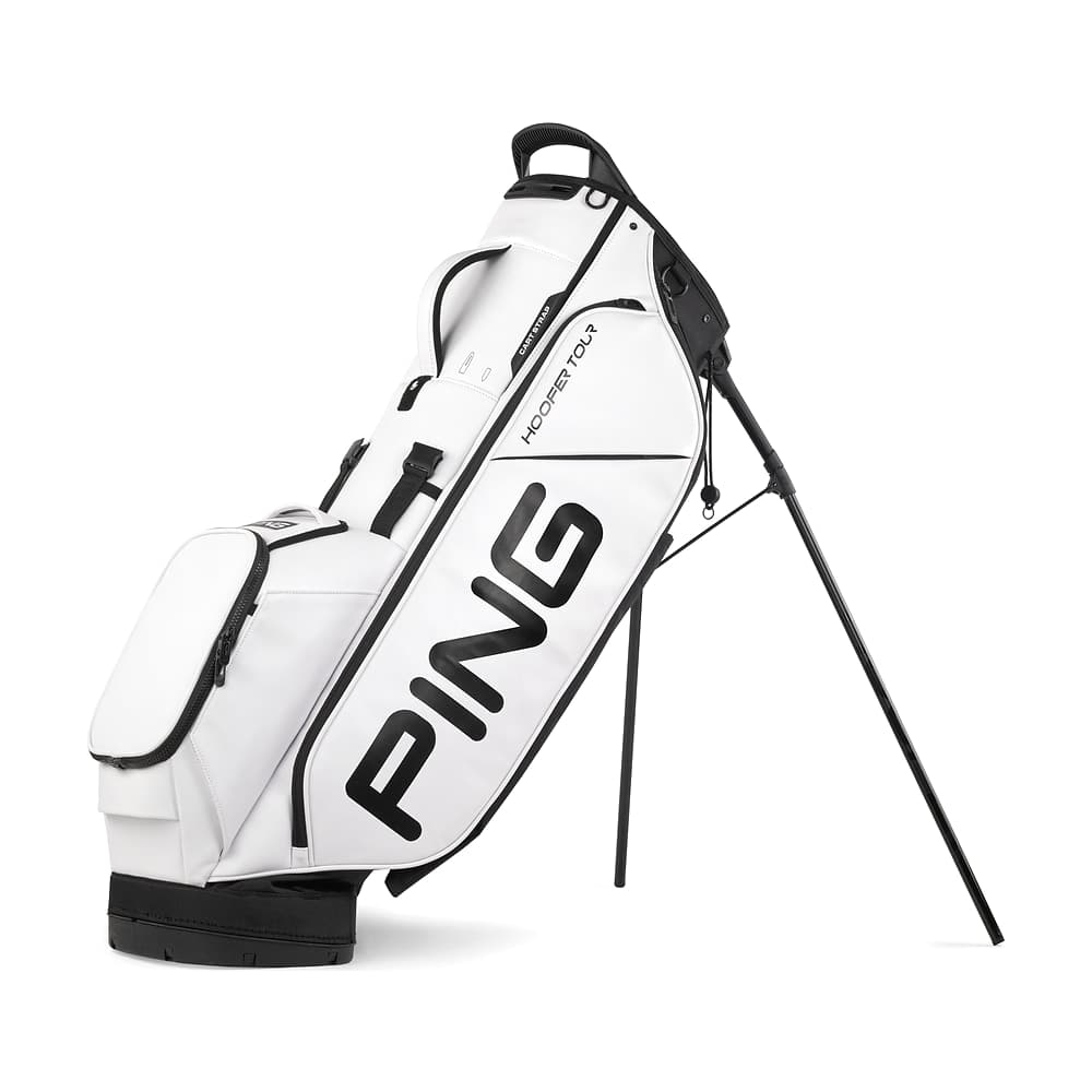 A Ping Hoofer Tour stand bag in white and black, on white