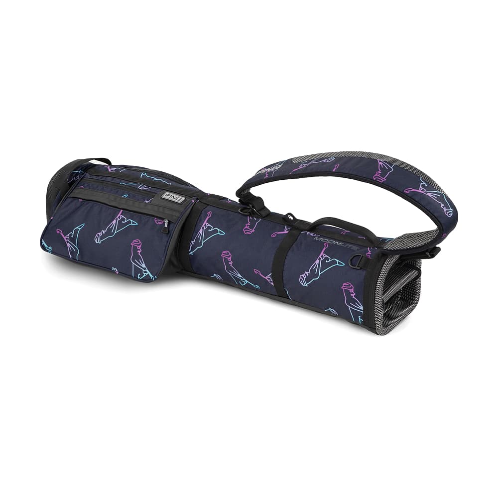 A Ping Moonlite pencil bag in navy, rolled, on white