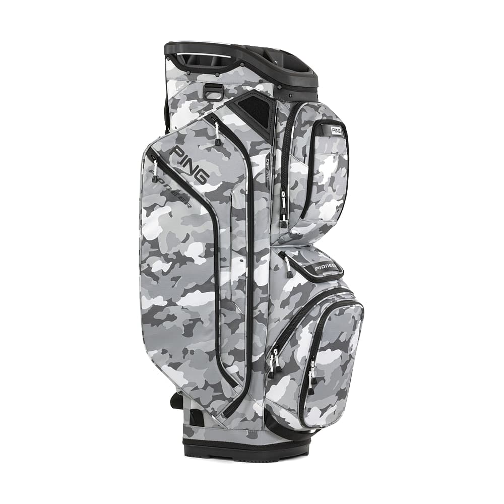 A Ping Pioneer cart bag in camouflage, on white