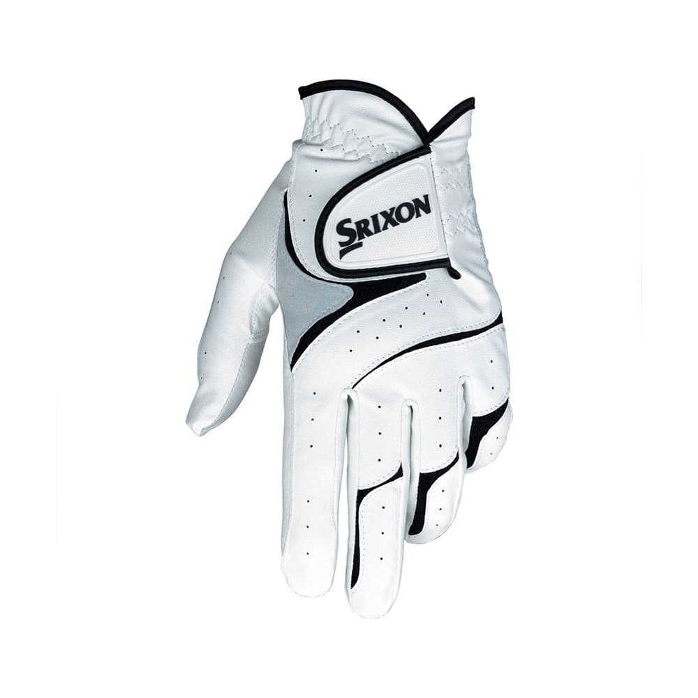A white and grey Srixon All Weather golf glove, on white