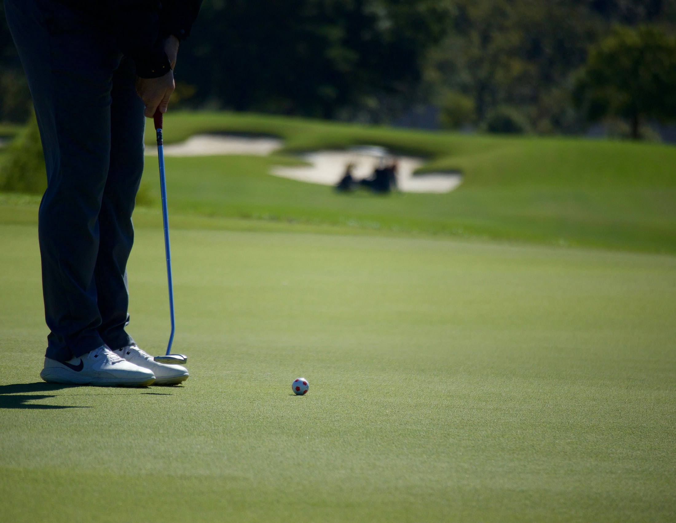 A golfer rolling a putt on the practice green, seen from behind