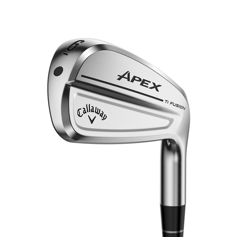 Callaway Apex Ti Fusion 250 Irons at address, photographed on white