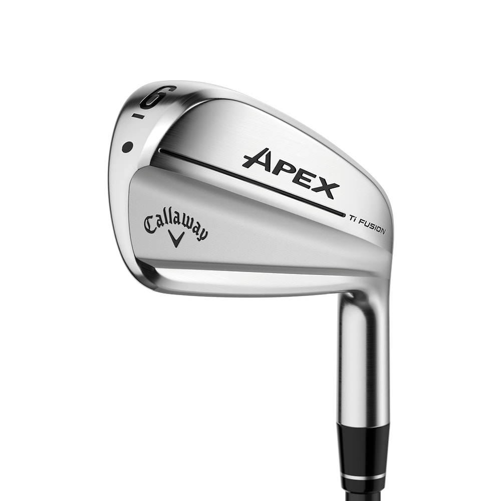 Callaway Apex Ti Fusion Plated Irons at address, photographed on white