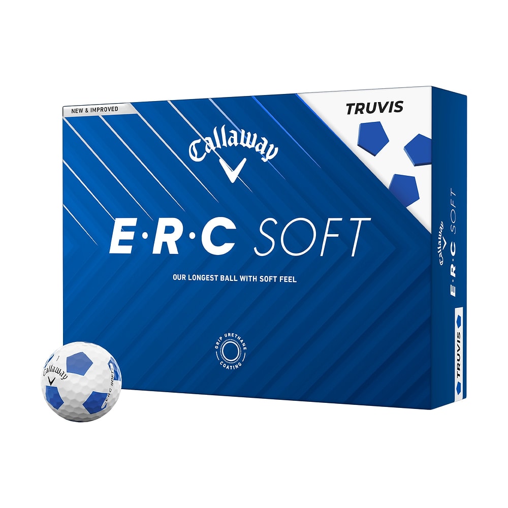 A box of a dozen Callaway ERC Soft Truvis Blue golf balls