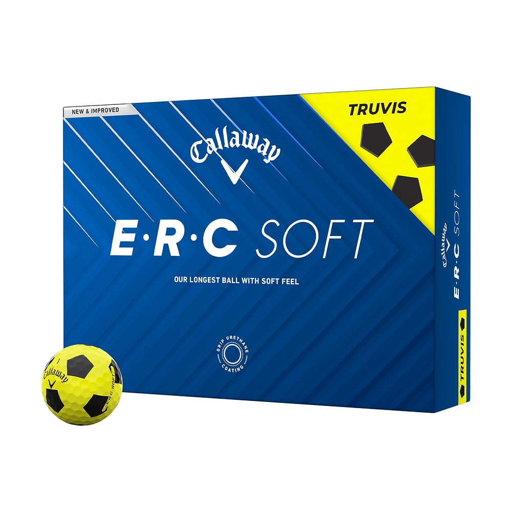 A box of a dozen Callaway ERC Soft Truvis Yellow golf balls