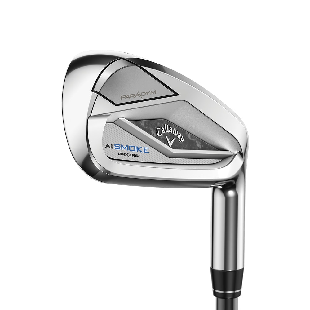 Callaway Paradym Ai Smoke MAX Fast Irons at address, photographed on white