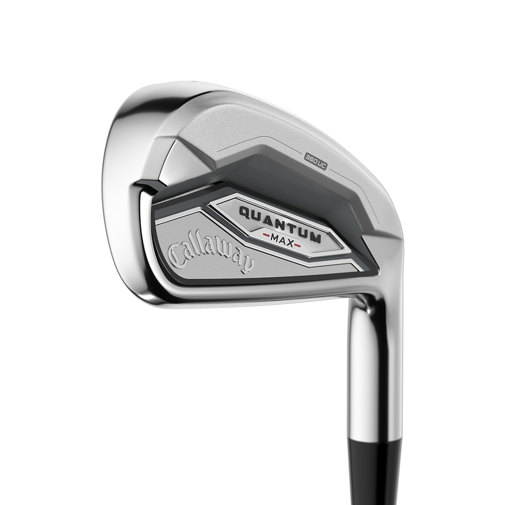 Callaway Quantum Max High Polish Irons at address, photographed on white