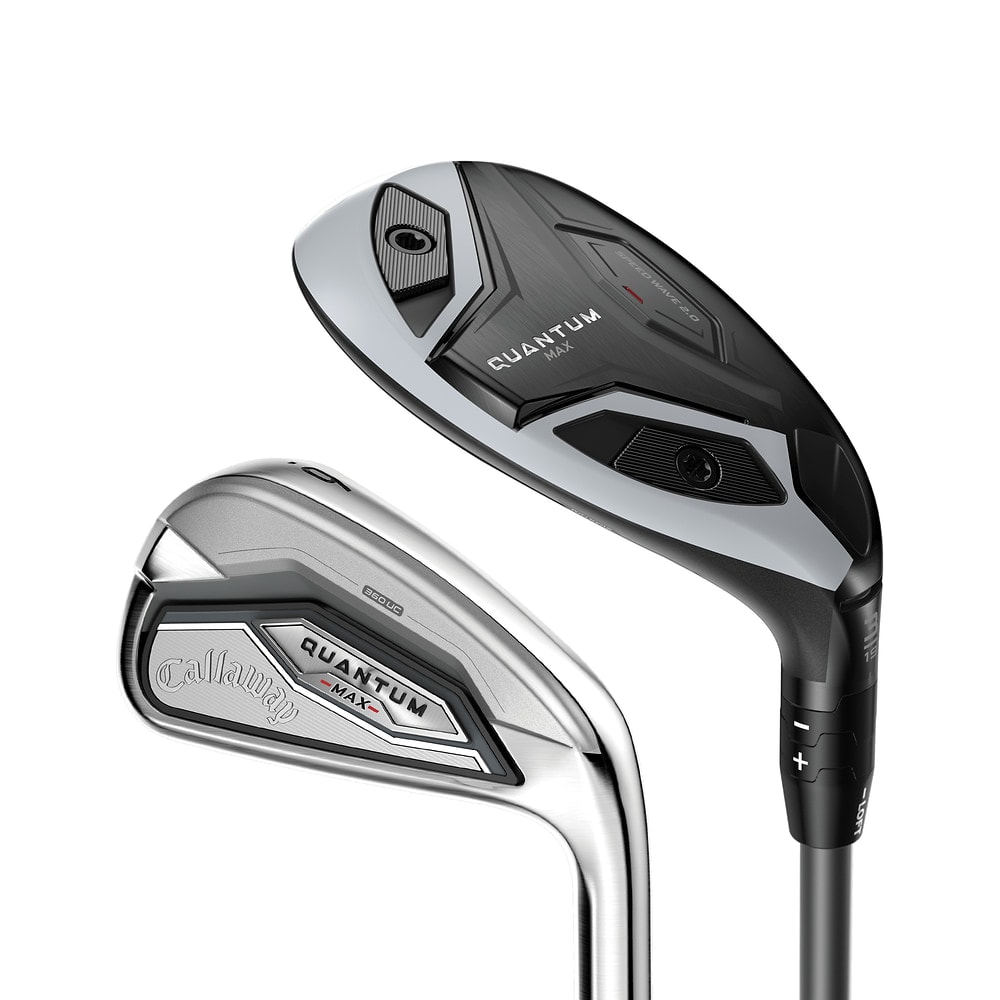 Callaway Quantum Max Hybrid/Iron Combo Sets at address, photographed on white