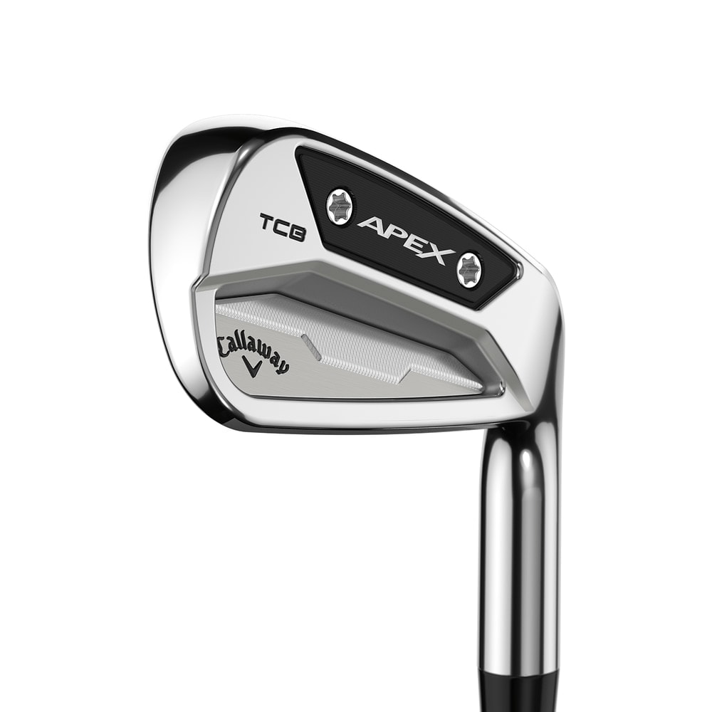 Callaway Raw Oil Finish Apex TCB Irons at address, photographed on white
