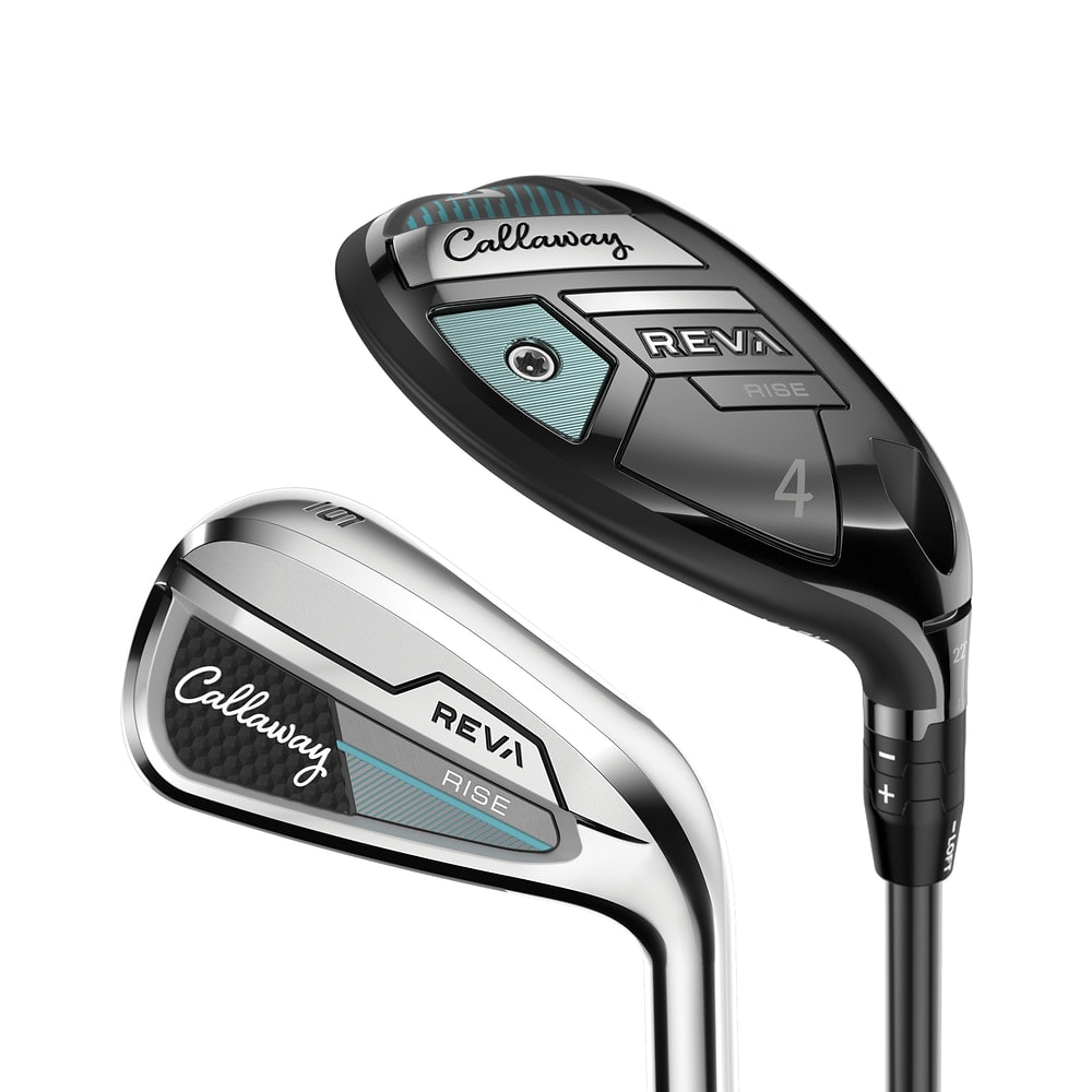Callaway REVA RISE Hybrids/Irons Combo Set at address, photographed on white