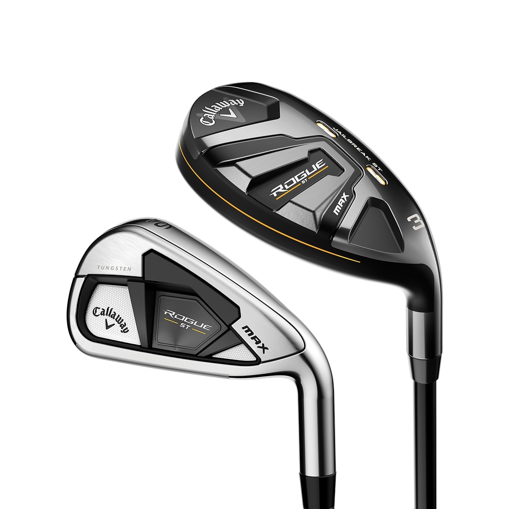 Callaway Rogue ST MAX Irons/Hybrids Set at address, photographed on white