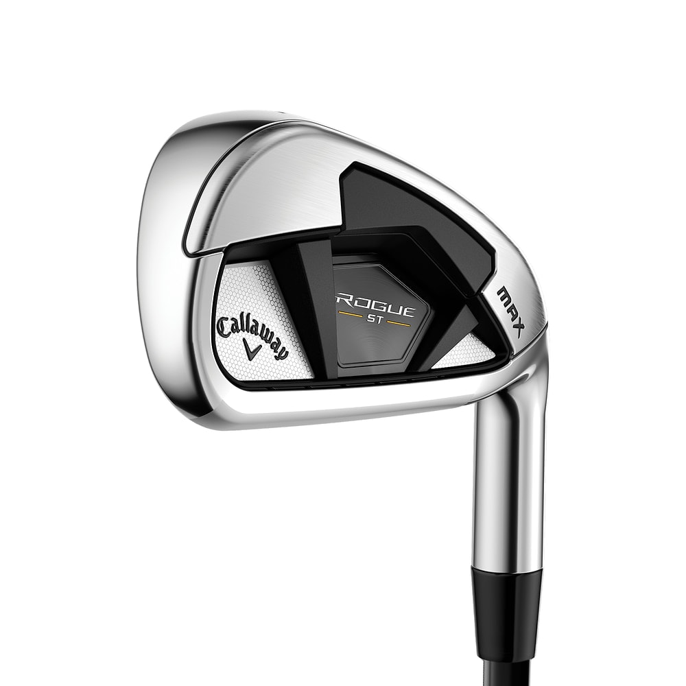 Callaway Rogue ST MAX Irons at address, photographed on white