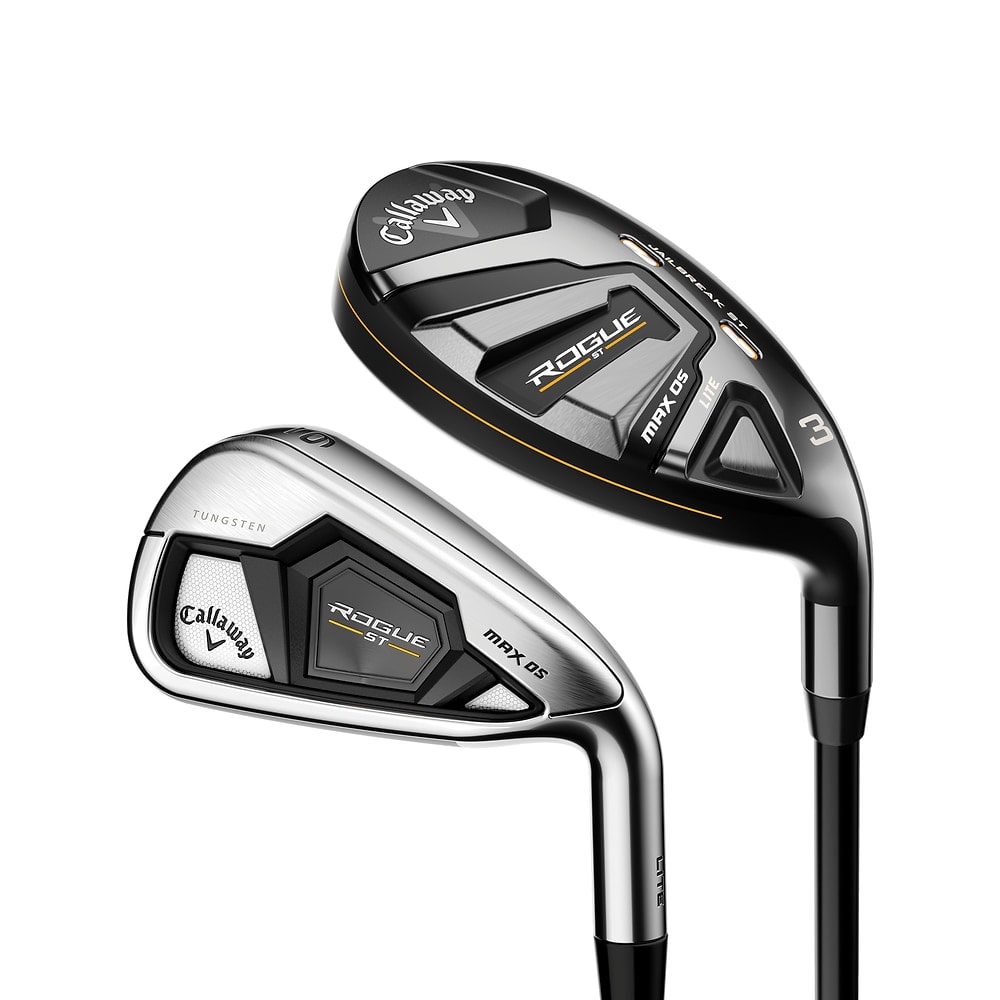 Callaway Rogue ST MAX OS Lite Irons/Hybrids Set at address, photographed on white