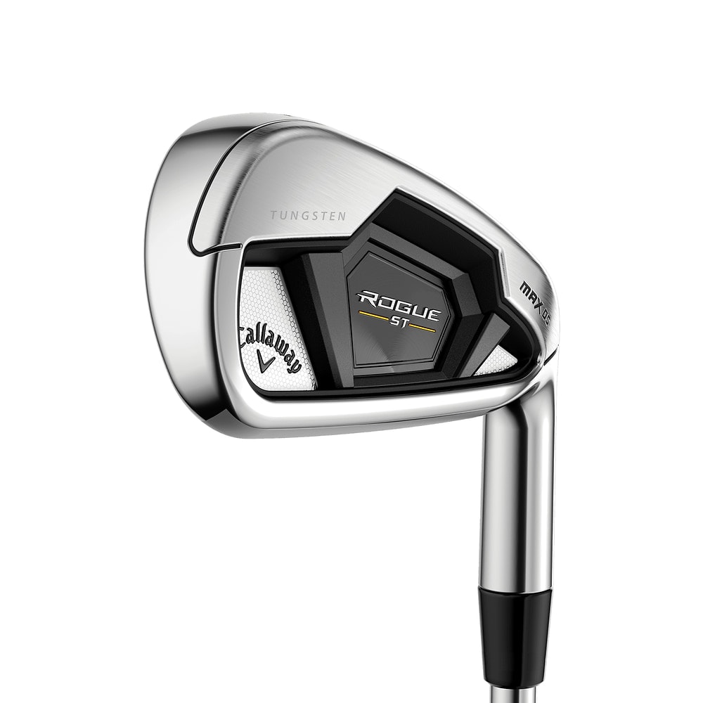 Callaway Rogue ST MAX OS Lite Irons at address, photographed on white