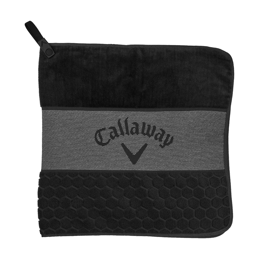 A black and grey Callaway Tour Fold golf towel, on white