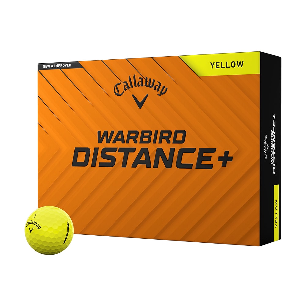 A box of a dozen Callaway Warbird Distance+ Yellow golf balls