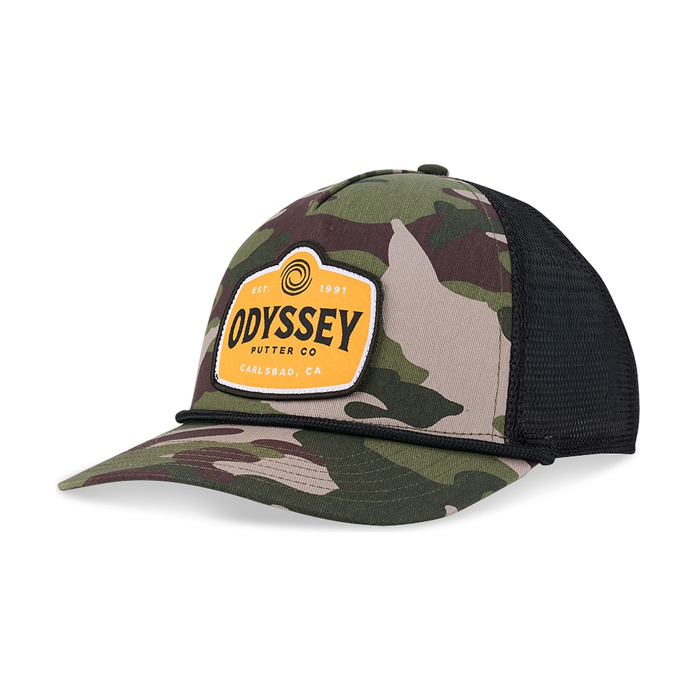 Odyssey Camo Trucker Hat, photographed on white