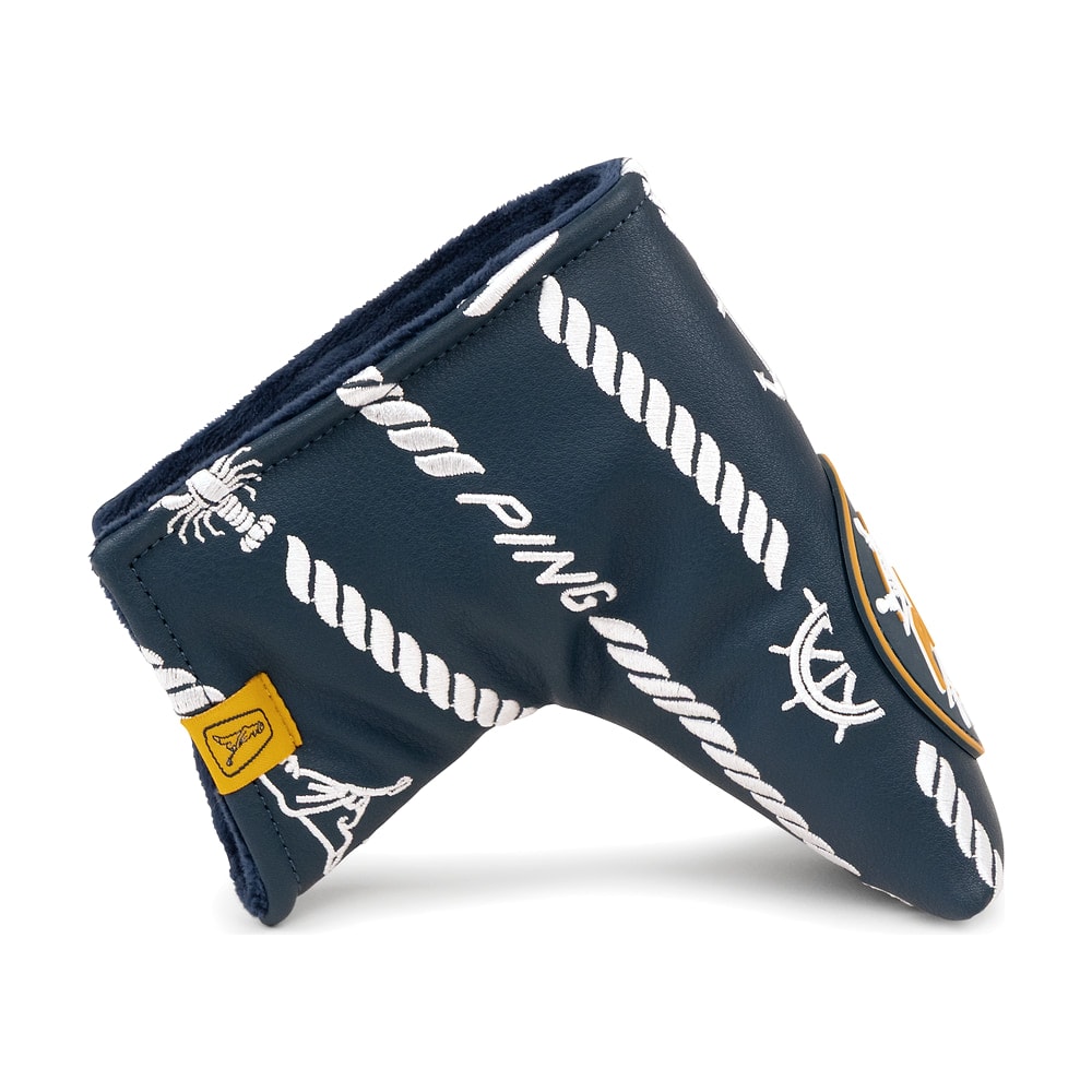 A navy Ping Captain's blade putter cover, on white