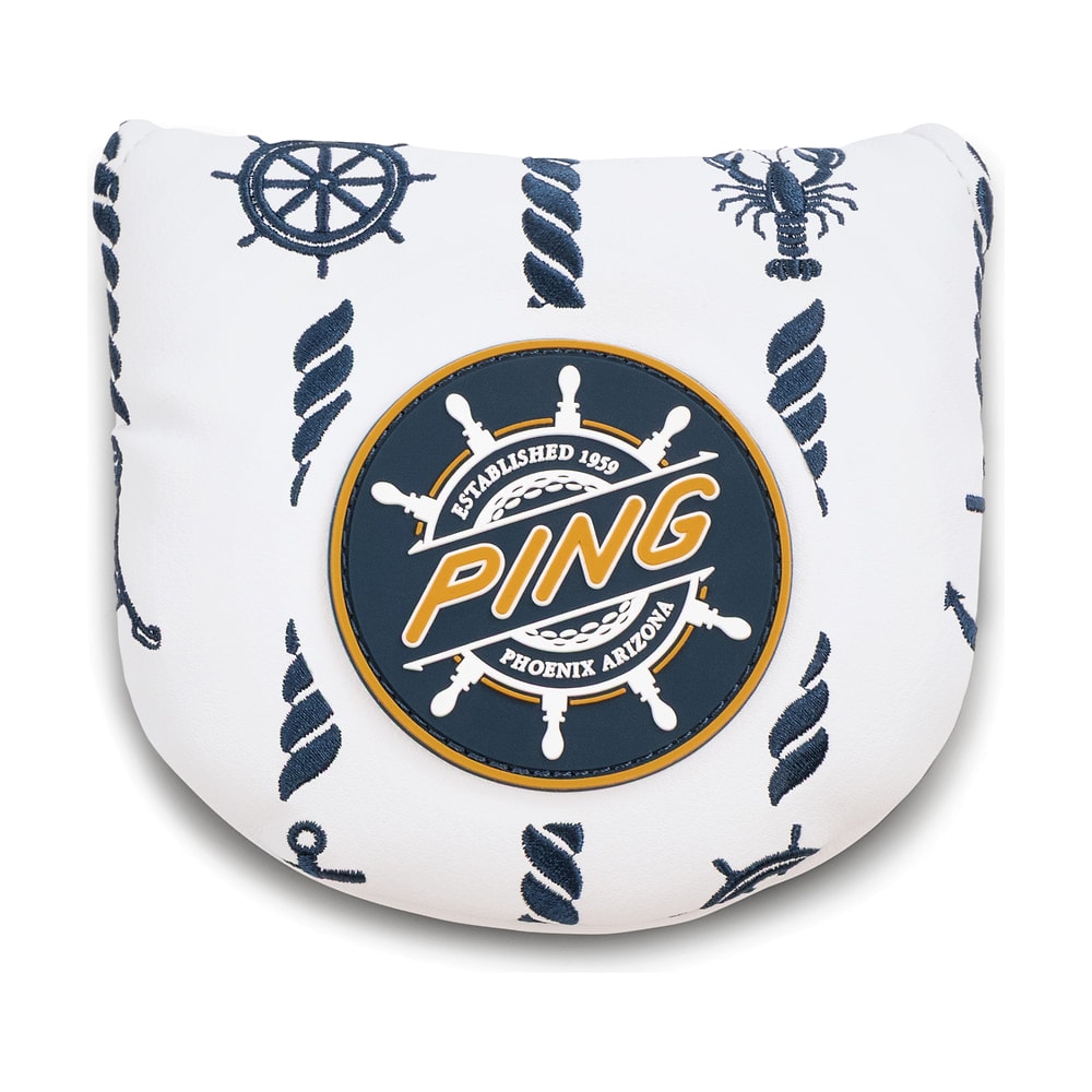 A white Ping Captain's mallet putter cover, on white