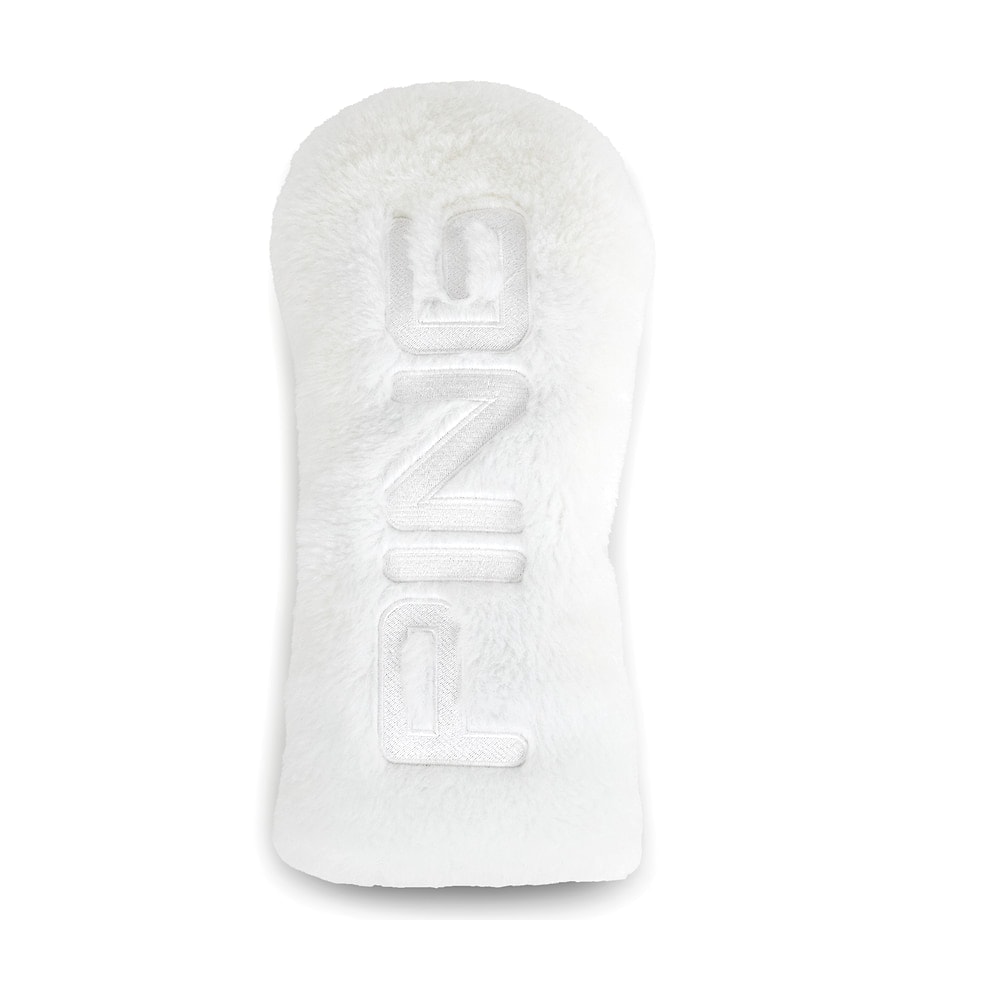 A white fur Ping fairway wood headcover, on white