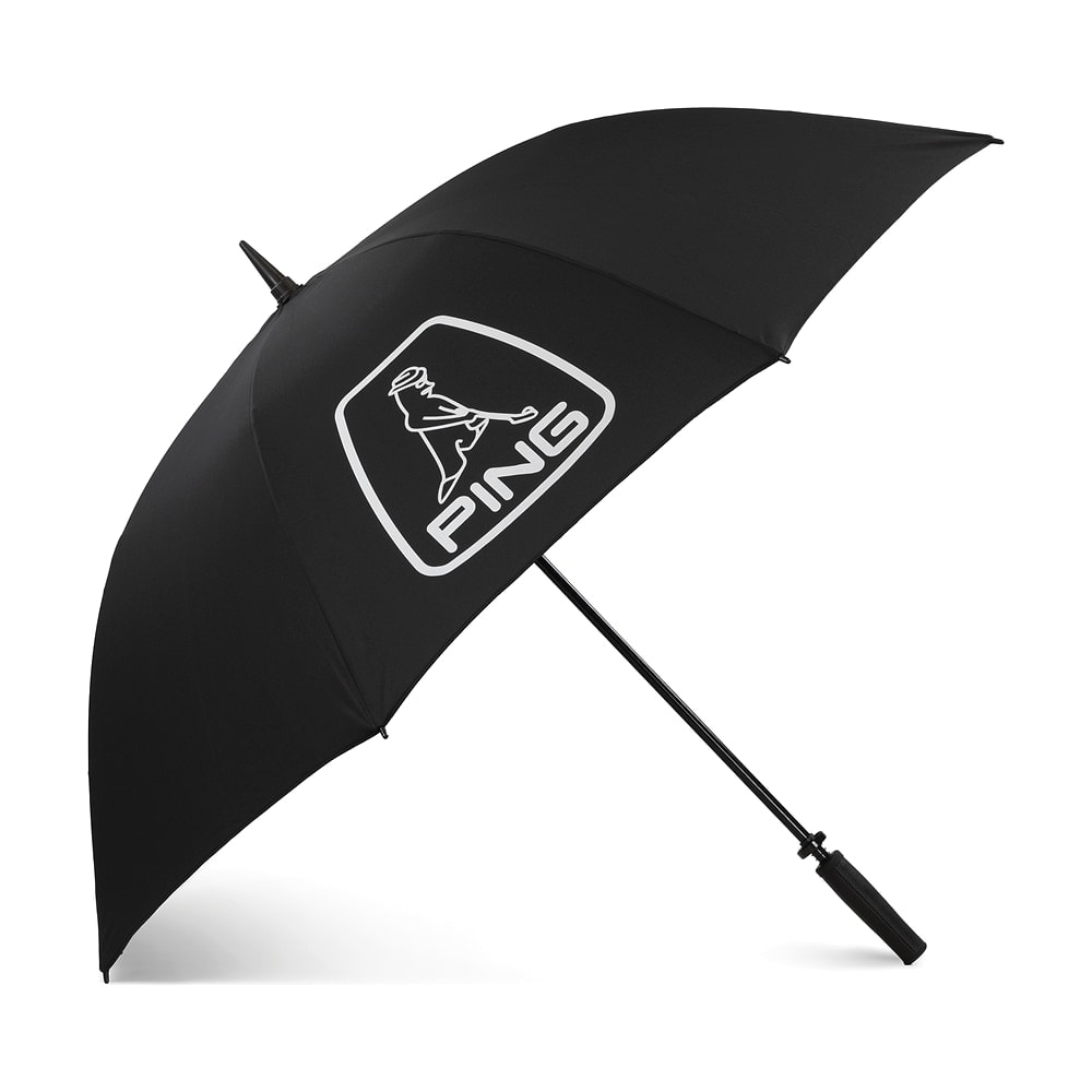 A black Ping single canopy golf umbrella, open, on white