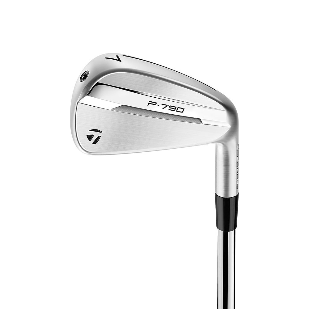 A TaylorMade P790 seven iron at address, on white