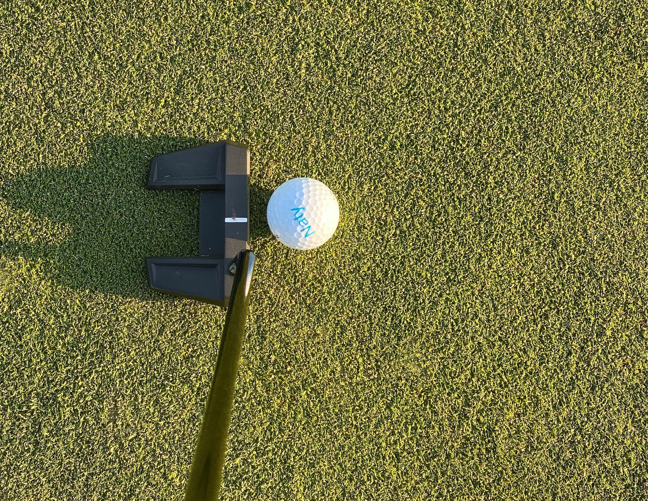 A putter and a ball beside the hole on a green