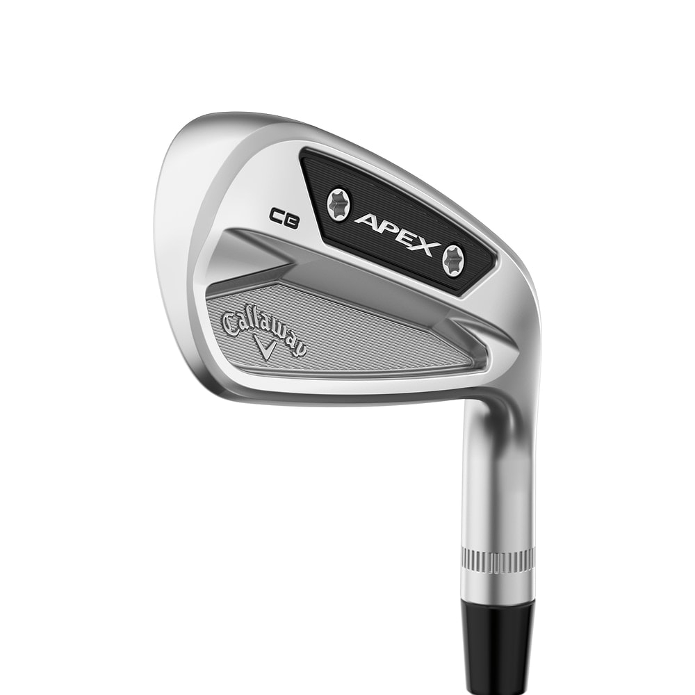 A Callaway Apex CB seven iron at address, on white