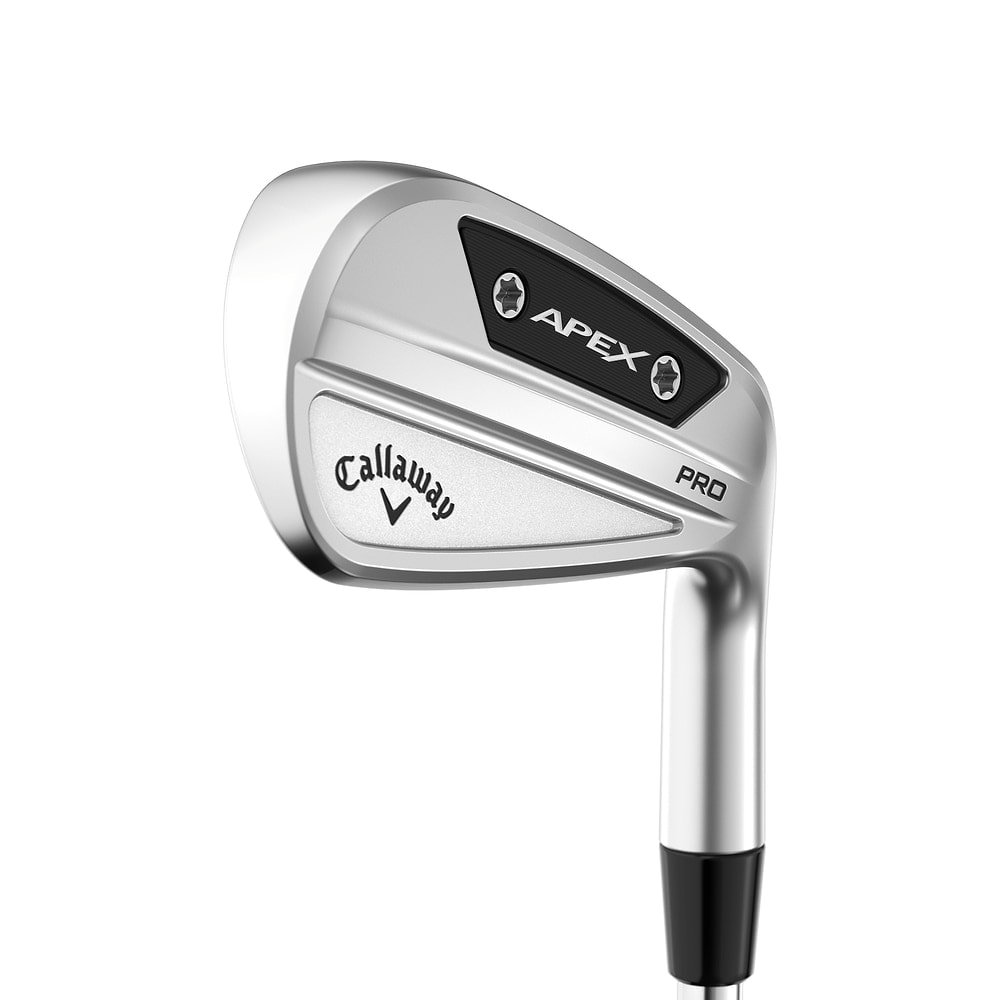 Callaway Apex Pro Irons at address, photographed on white