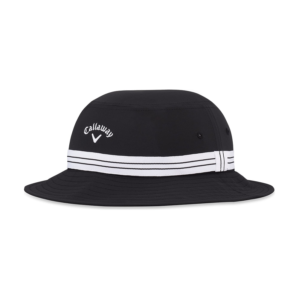 A black Callaway bucket hat, on white