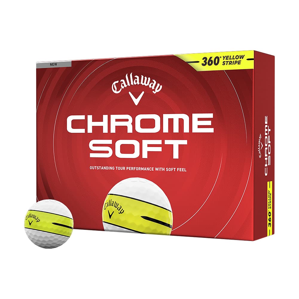 A box of a dozen Callaway Chrome Soft 360 Yellow Stripe golf balls