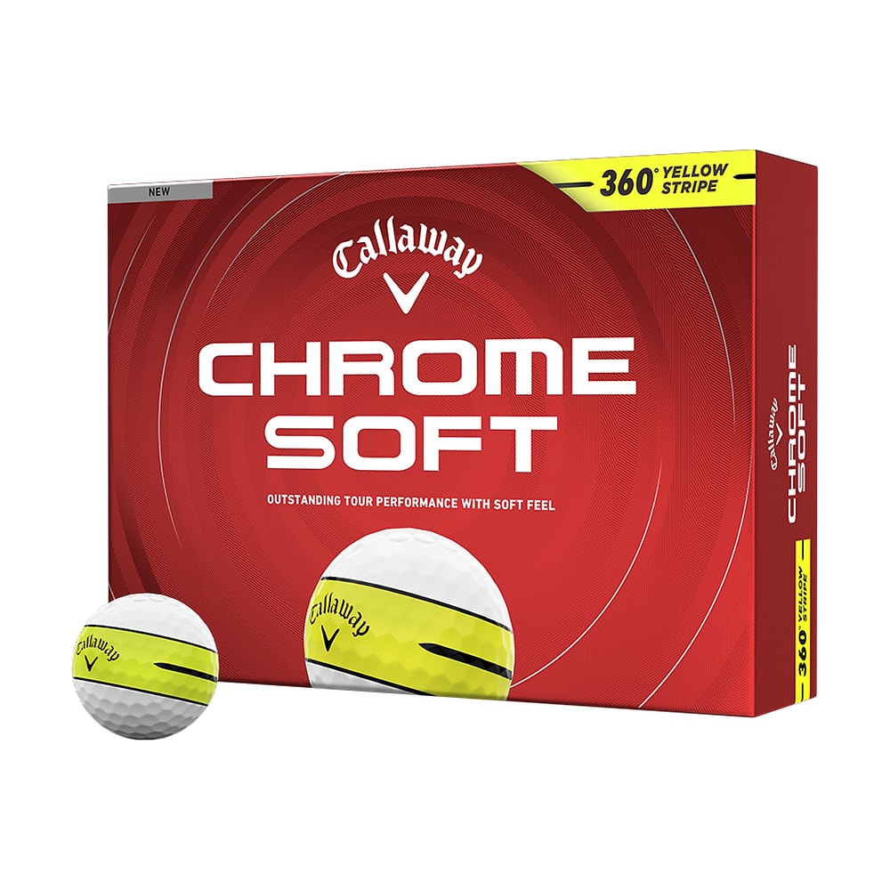 A box of a dozen Callaway Chrome Soft 360 Yellow Stripe golf balls