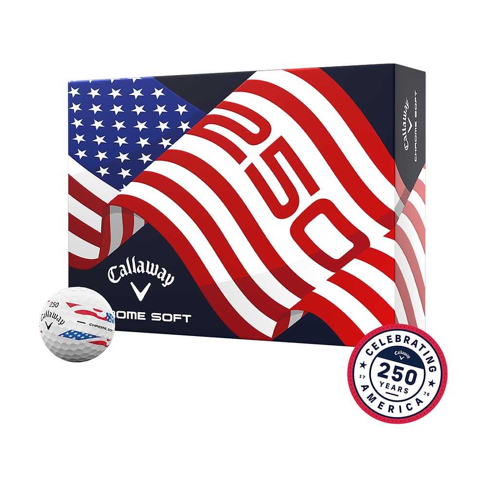 A box of a dozen Callaway Chrome Soft USA Stripe golf balls