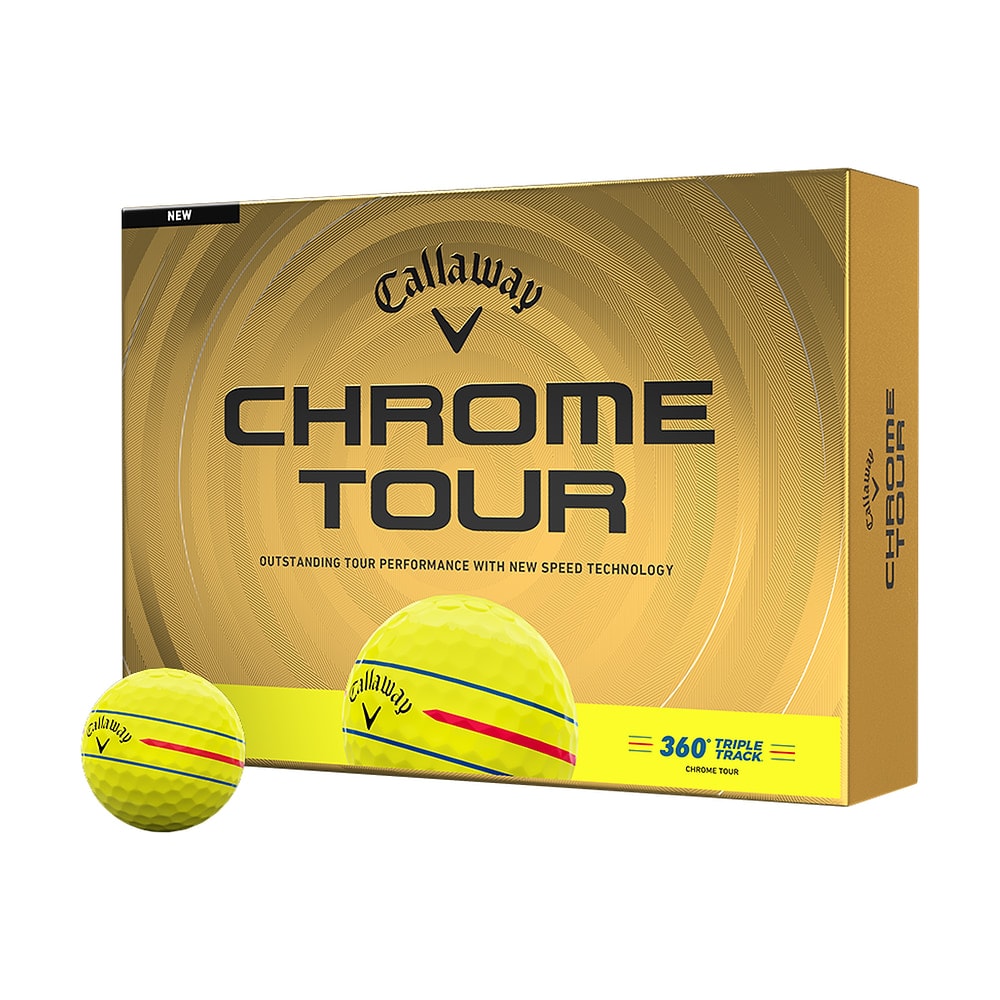 A box of a dozen Callaway Chrome Tour 360 Triple Track Yellow golf balls