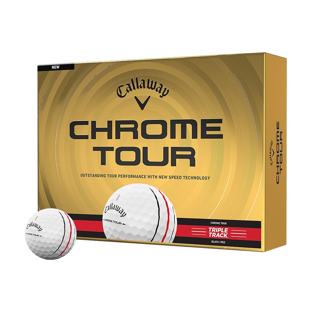 A box of a dozen Callaway Chrome Tour Black and Red Triple Track golf balls