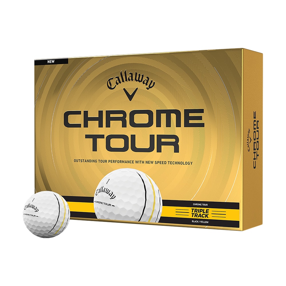A box of a dozen Callaway Chrome Tour Black and Yellow Triple Track golf balls