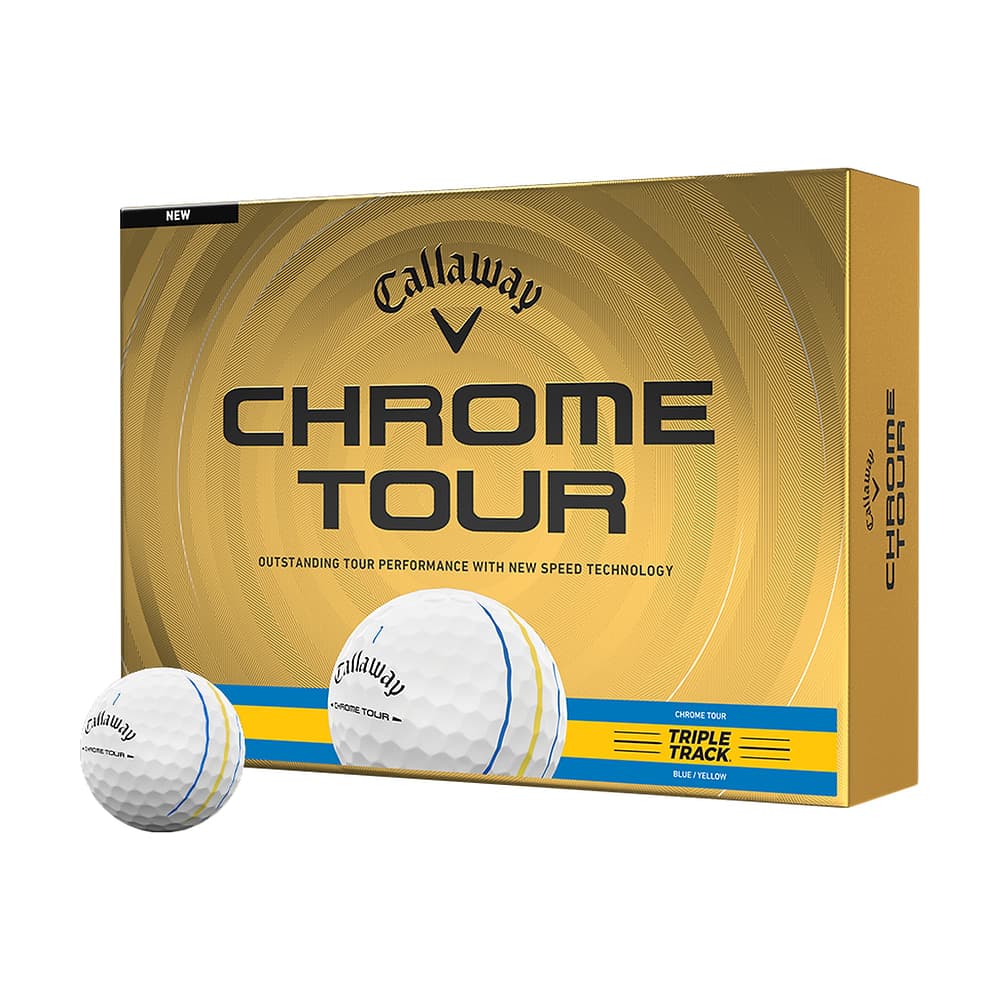 A box of a dozen Callaway Chrome Tour Blue and Yellow Triple Track golf balls